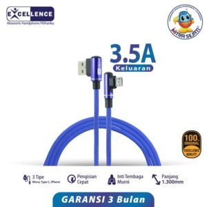 Kabel Data Gaming Excellence Coral 3.5A Fast Charging Model Colokan L Kabel Panjang 130CM Kompatibel Dengan Lightning , Android Type C dan Micro Bergaransi Excellence Premium Care Aluminium Adaptor