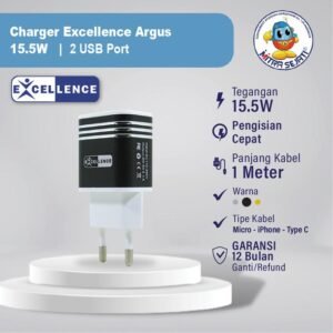 Charger Excellence Argus 2 USB for iPhone/Type C/Micro - Micro Adaptor Kabel Silver Aksesoris Handphone Plastik