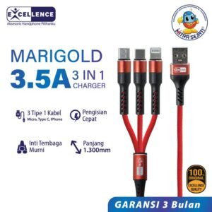 Kabel Data 3 in 1 Excellence Marigold 3.5 Ampere Fast Charging Quick Charging Type C, Micro, iPhone Kabel Panjang 130cm - Bergaransi Excellence Premium Care